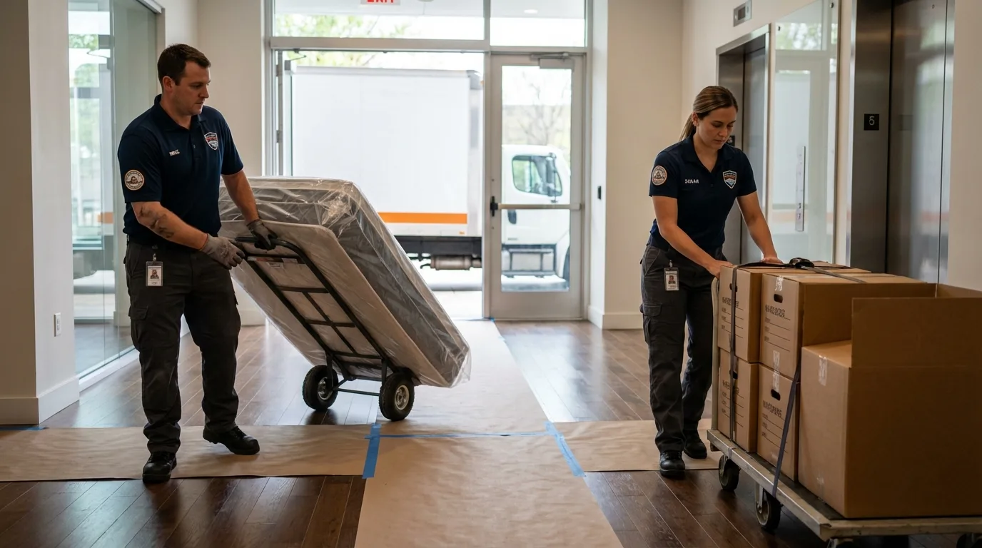 Professional apartment movers loading elevator in Napoleon, ND