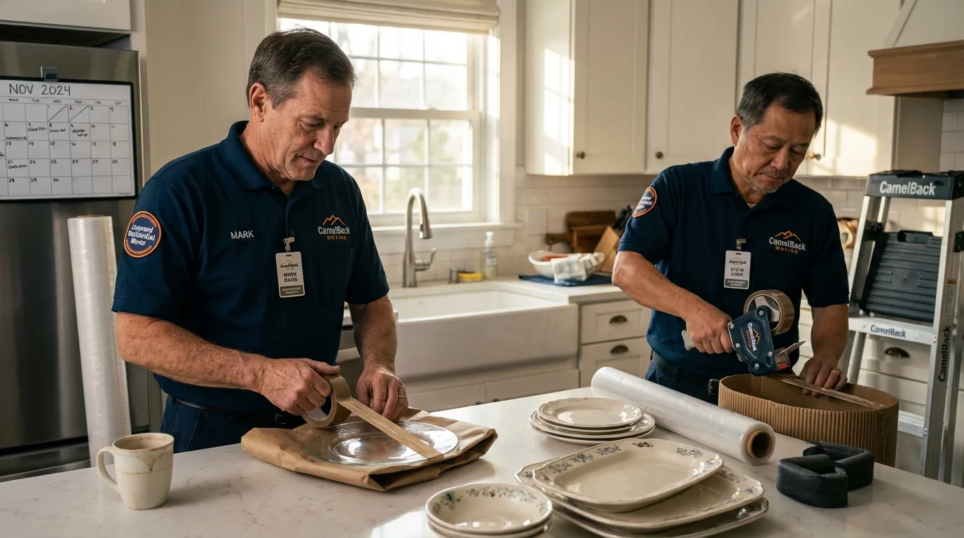 Professional crew packing kitchen dishware in Napoleon, ND